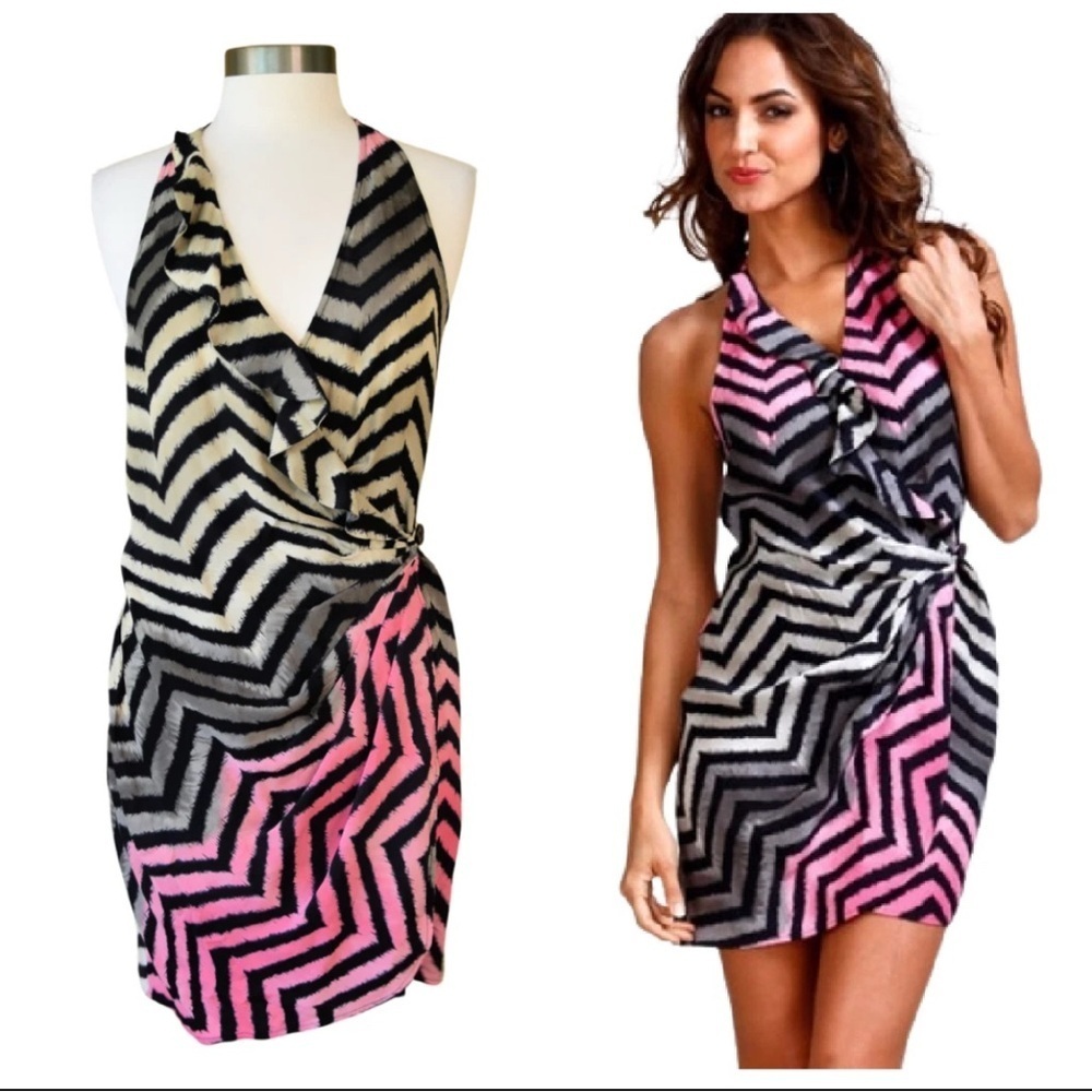 Parker Chevron 100% Silk Wrap Mini Dress Size Medium - Picture 1 of 6